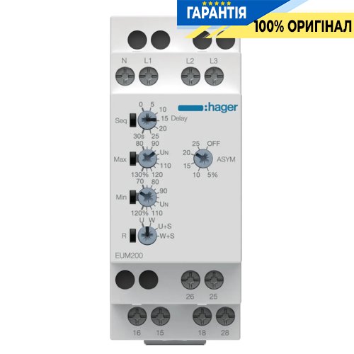 Реле контролю фаз та напруги без затр. на увімкн., 1P+N/3P(N) 2ПК, Hager (Хагер) EUM200